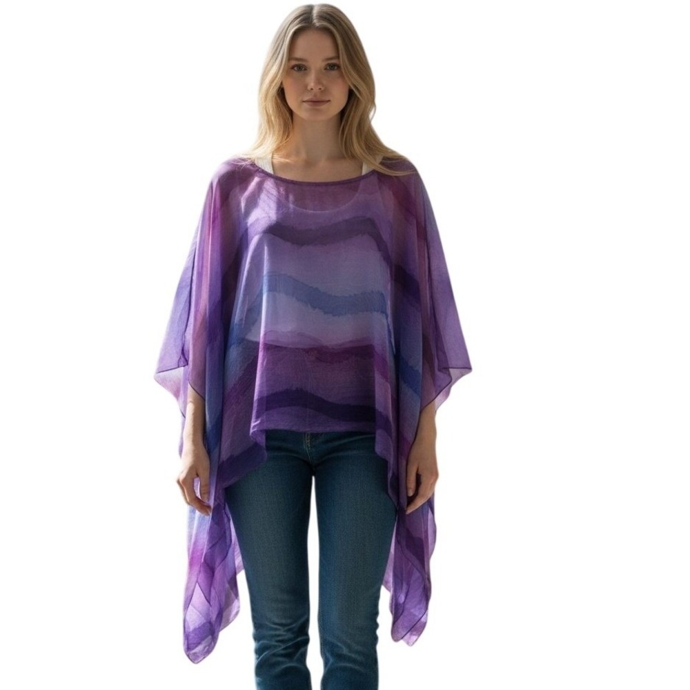 Noelle Purple Blue Watercolor Wave Sheer Poncho Top Asymmetrical One Size